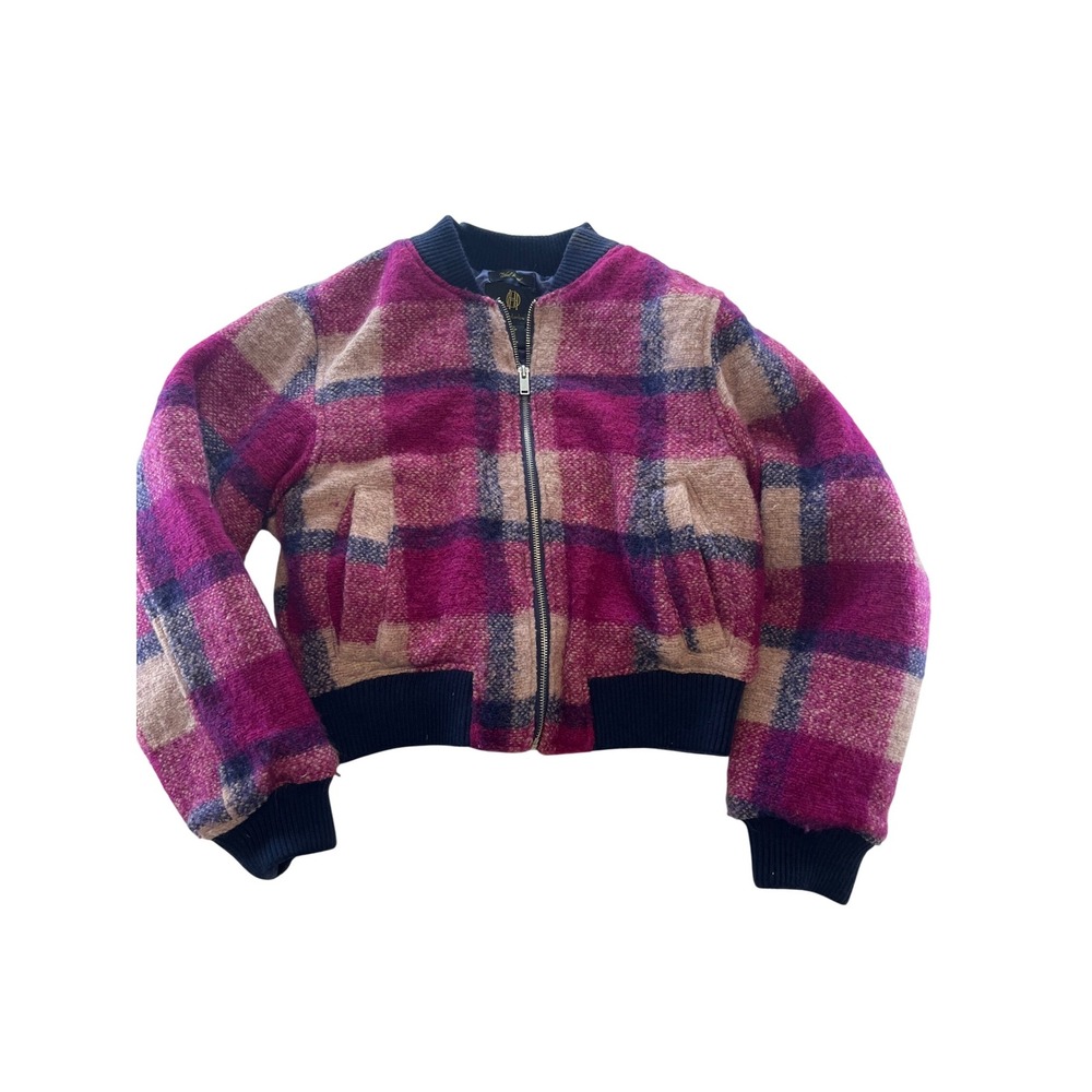 House of Harlow 1960 Plaid Wool Blend Bomber Jacket Fuchsia Blue Beige Size‎ S